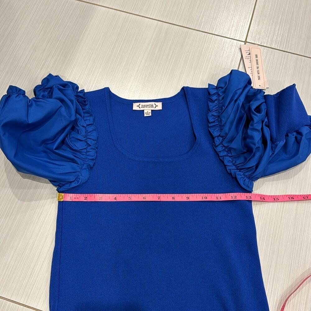 Nanette Lepore NWT Puff Sleeve Top in Royal Blue in a Polyester/ Rayon Blend - Picture 6 of 9